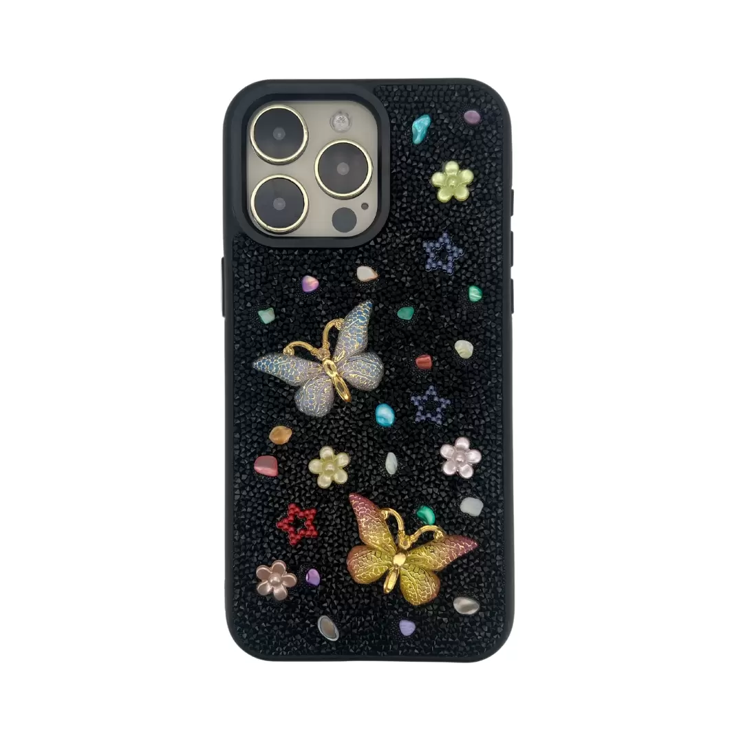 iPhone 15/iPhone 14/iPhone 13 Butterfly and Diamond Bling Case Black